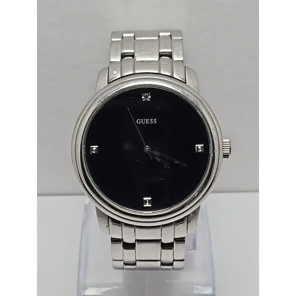 Mens Guess 39mm Stainless Steel Black Dial Quartz Watch G10181G New Battery